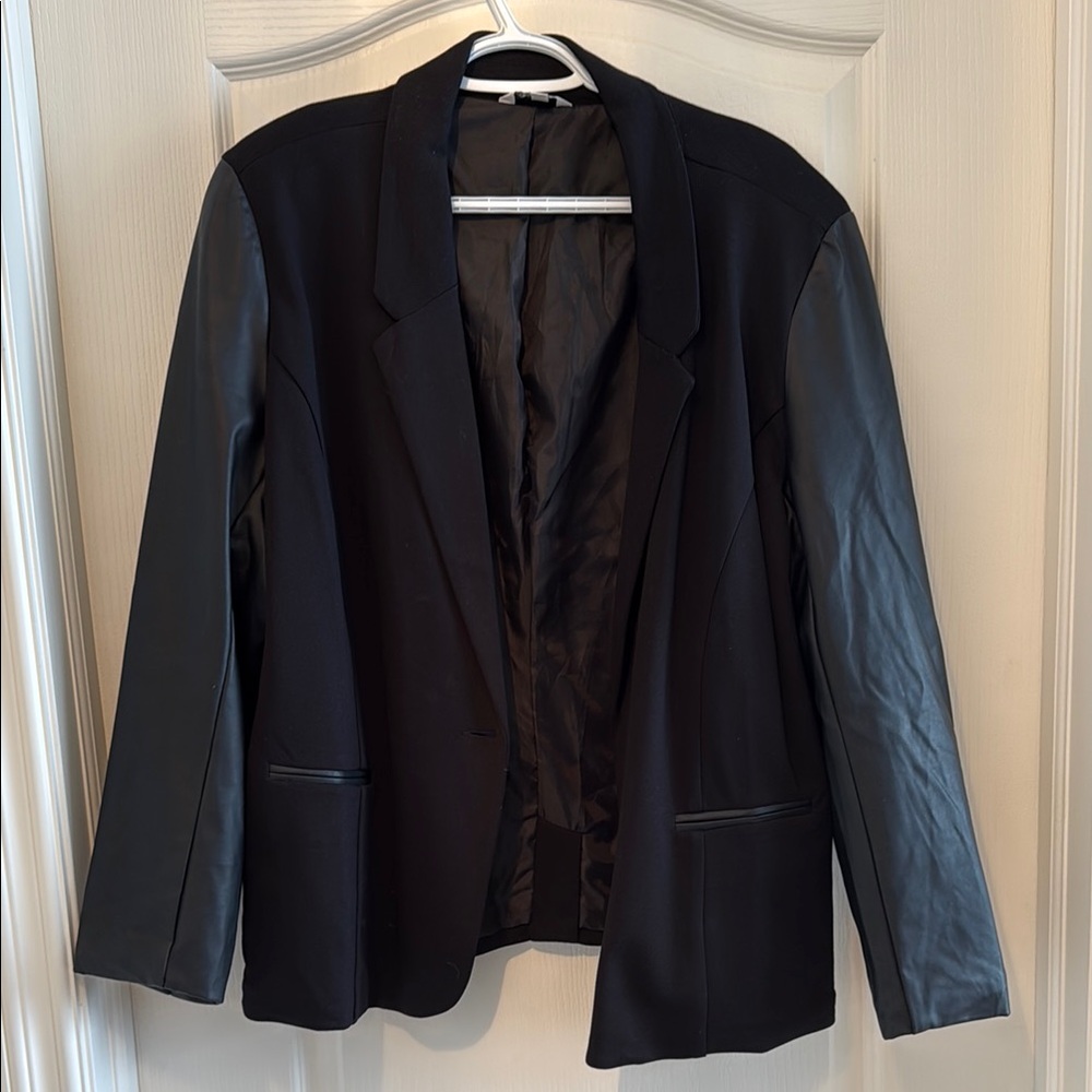 Women's Black Blazer with Faux Leather Sleeves